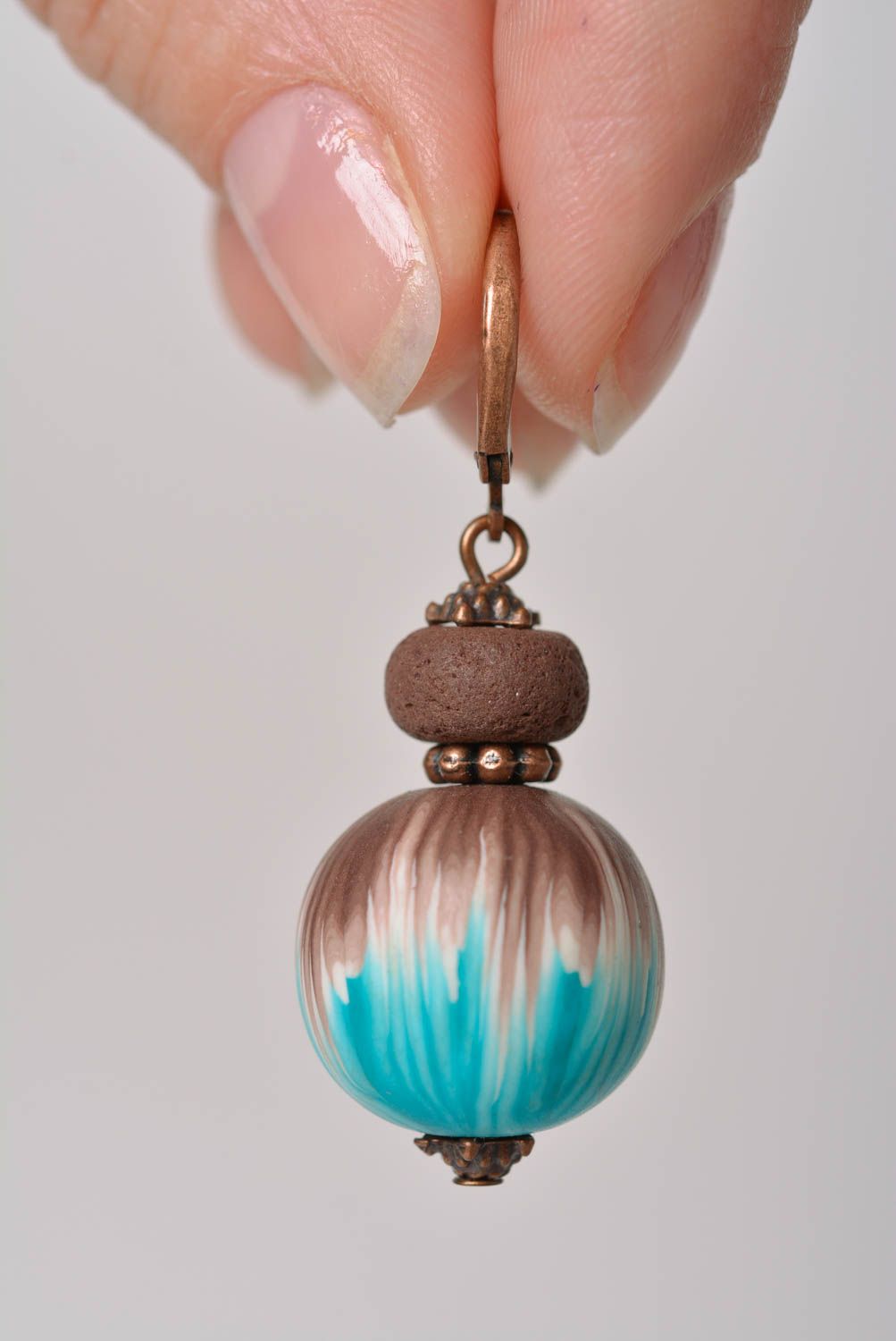 Designer brown and blue ball shaped polymer clay dangle earrings handmade photo 2