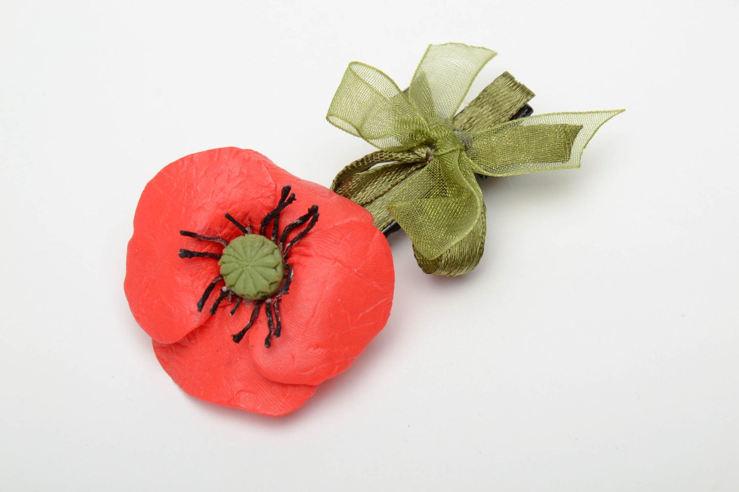 Polymer Haarspange mit roter Blume Mohnblume foto 2