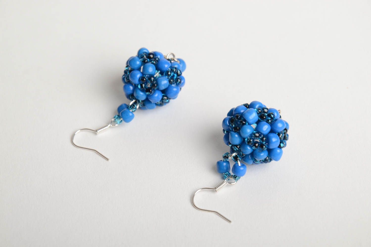 Handmade designer ball shaped dangling earrings crocheted of blue Czech beads photo 2