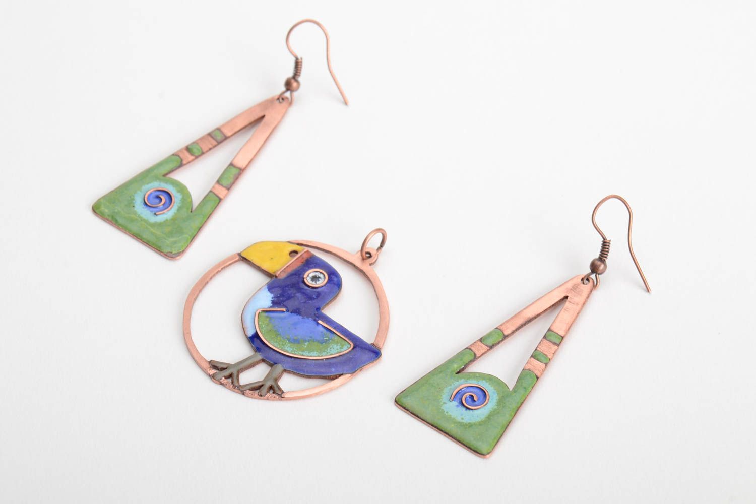 Handmade copper jewelery set 2 pieces pendant and earrings with enamel painting photo 2