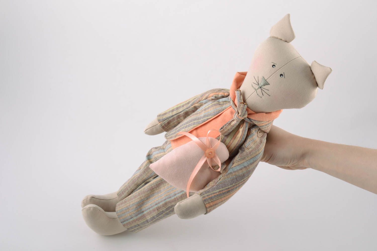 Handmade soft toy sewn of natural fabric cat in striped suit in light colors photo 2