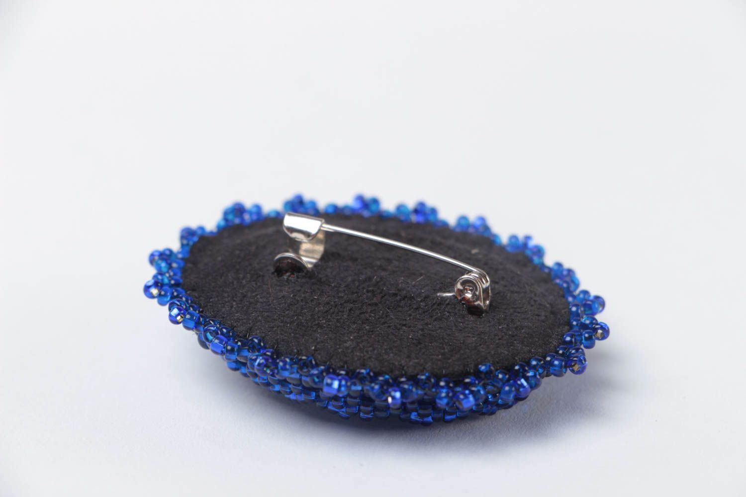 Broche en agate naturelle et perles de rocaille faite main bleue ovale photo 4