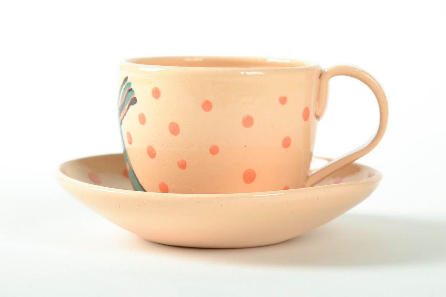 Kids' ceramic drinking cup with handle, saucer, and horse pattern photo 2