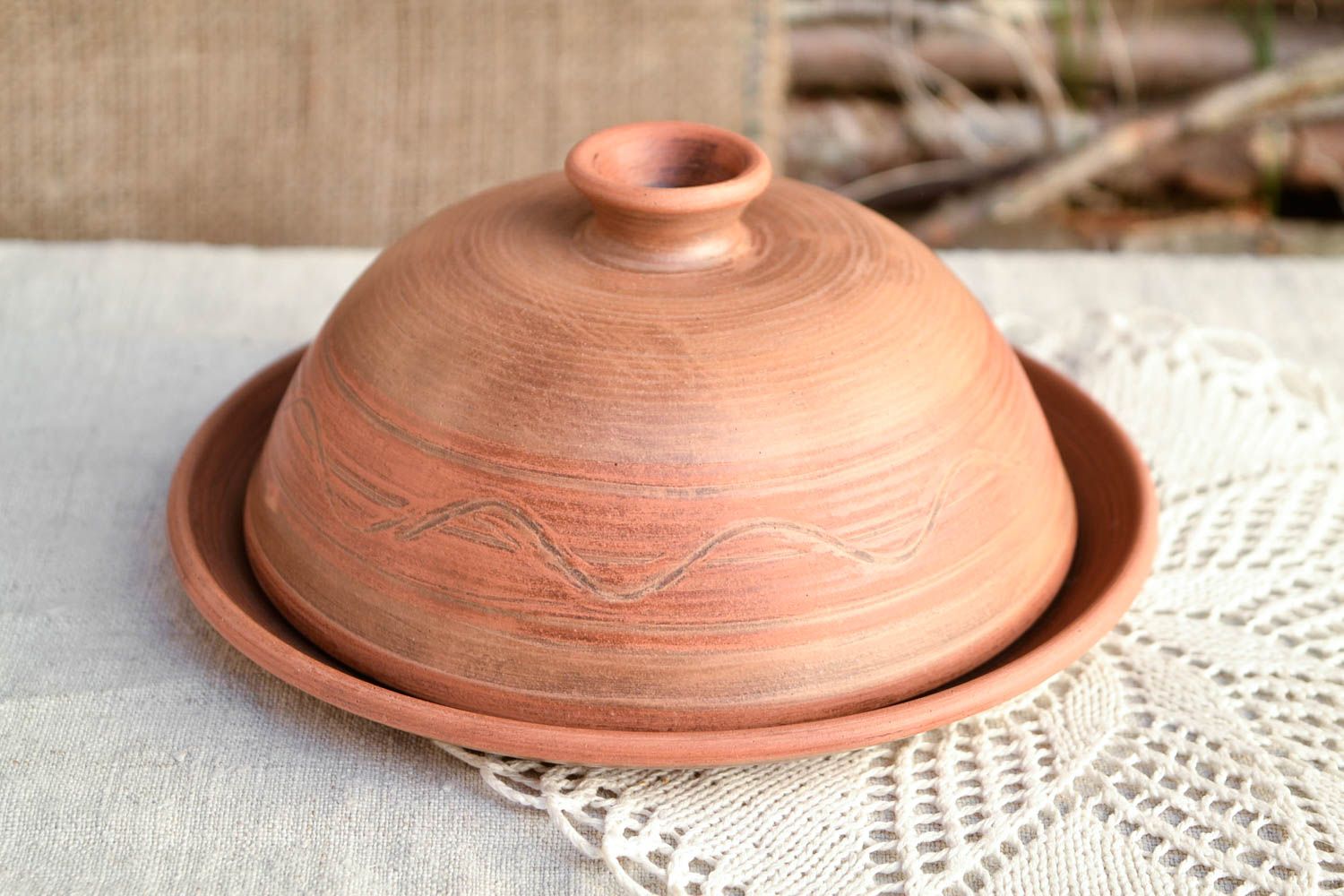Plato de cerámica con tapa utensilio de cocina vasija de barro para manteca foto 1