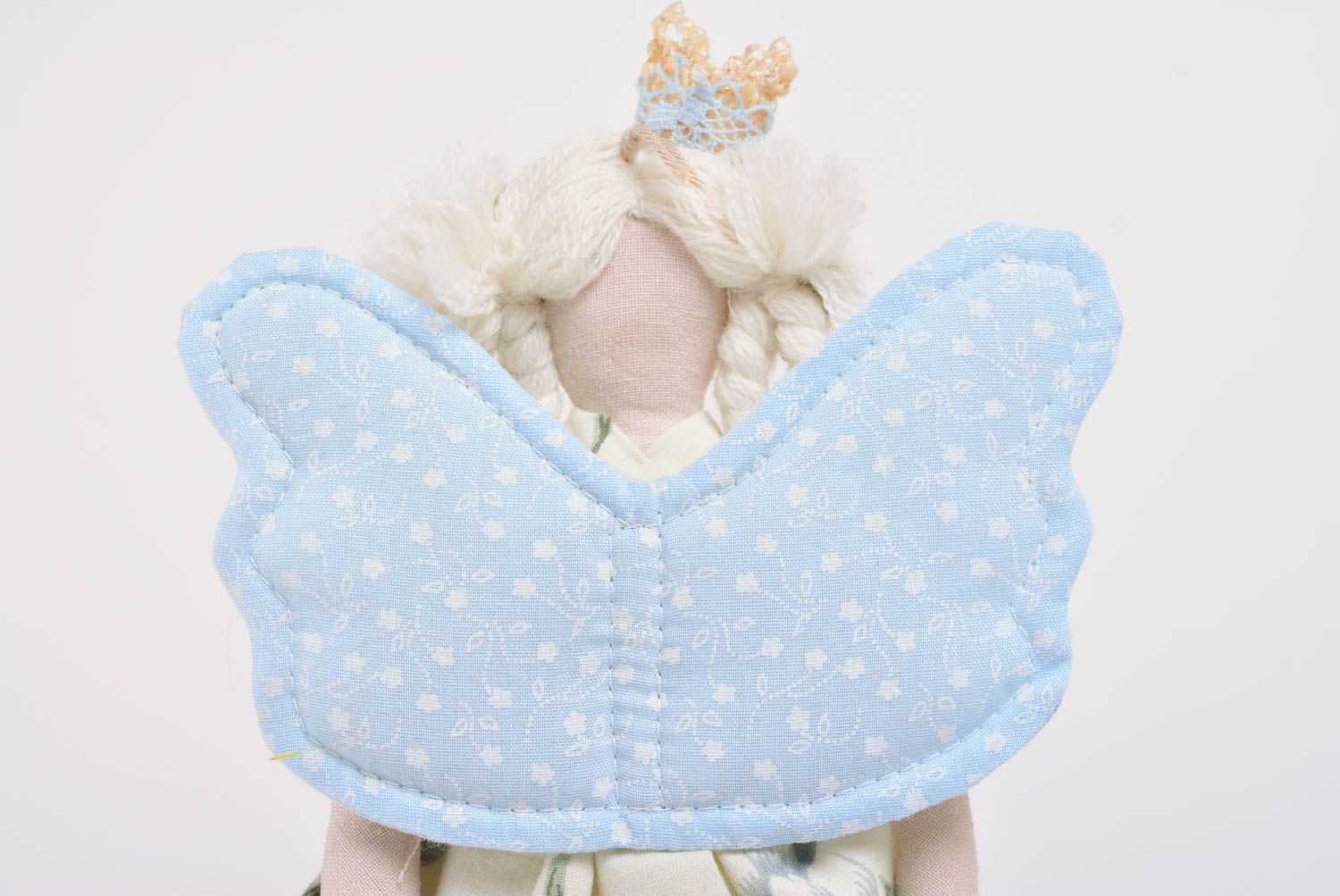 Handmade designer fabric soft doll angel girl with blue wings and crown photo 3