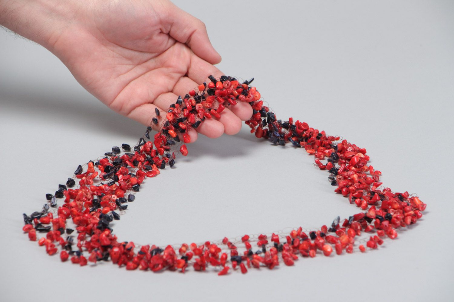 Massive handmade airy beaded necklace with aventurine and coral of red color photo 5
