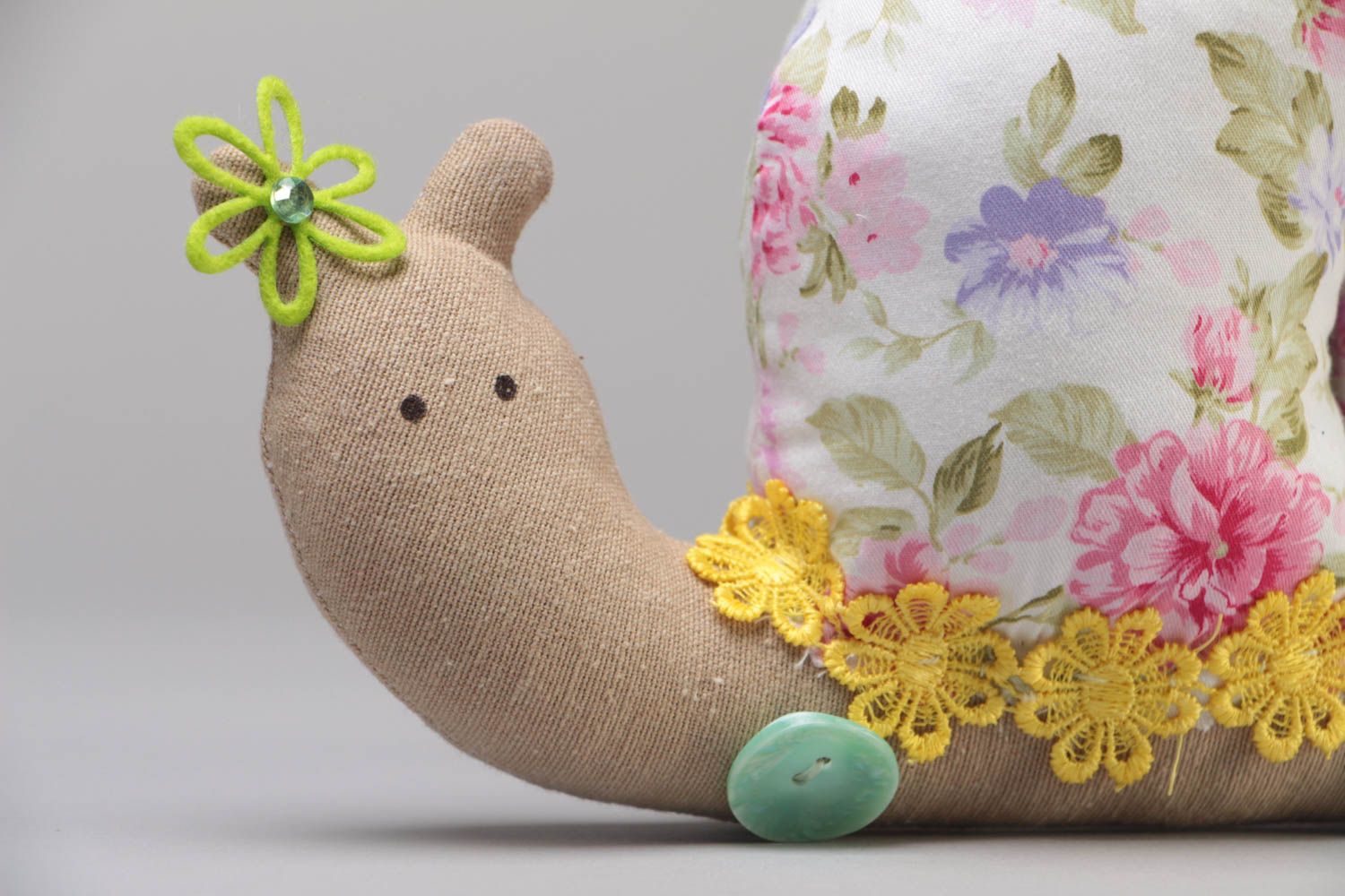Handmade cotton fabric soft toy funny snail with floral pattern for children photo 3