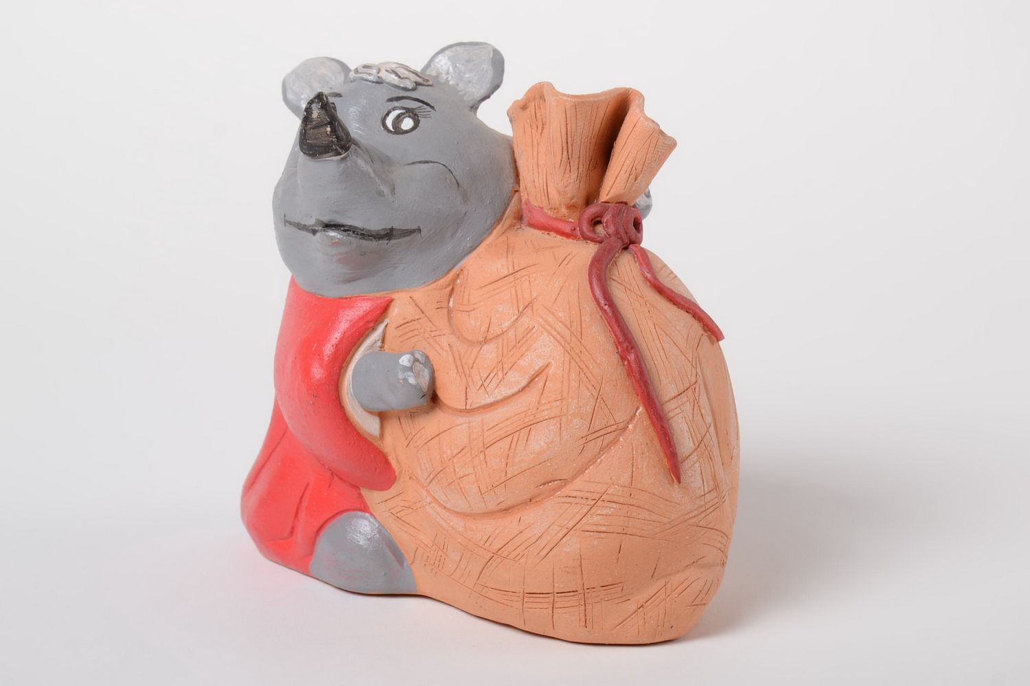 Tirelire rhinocéros avec sac en terre cuite peinte d'acrylique faite main photo 2