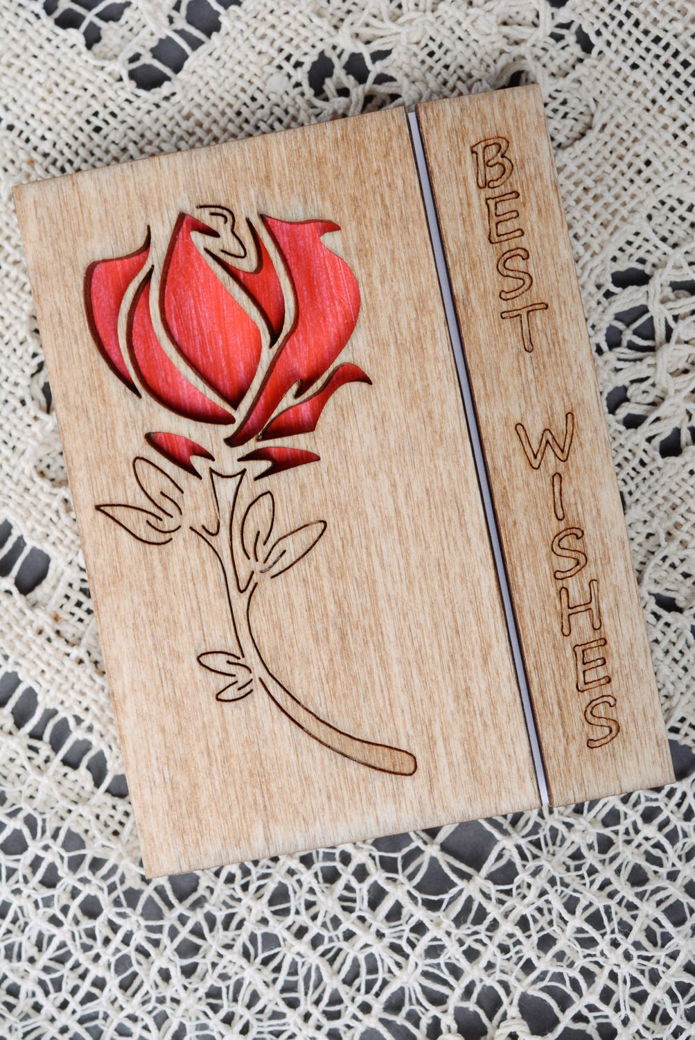 Plywood greeting card with rose Best Wishes photo 1