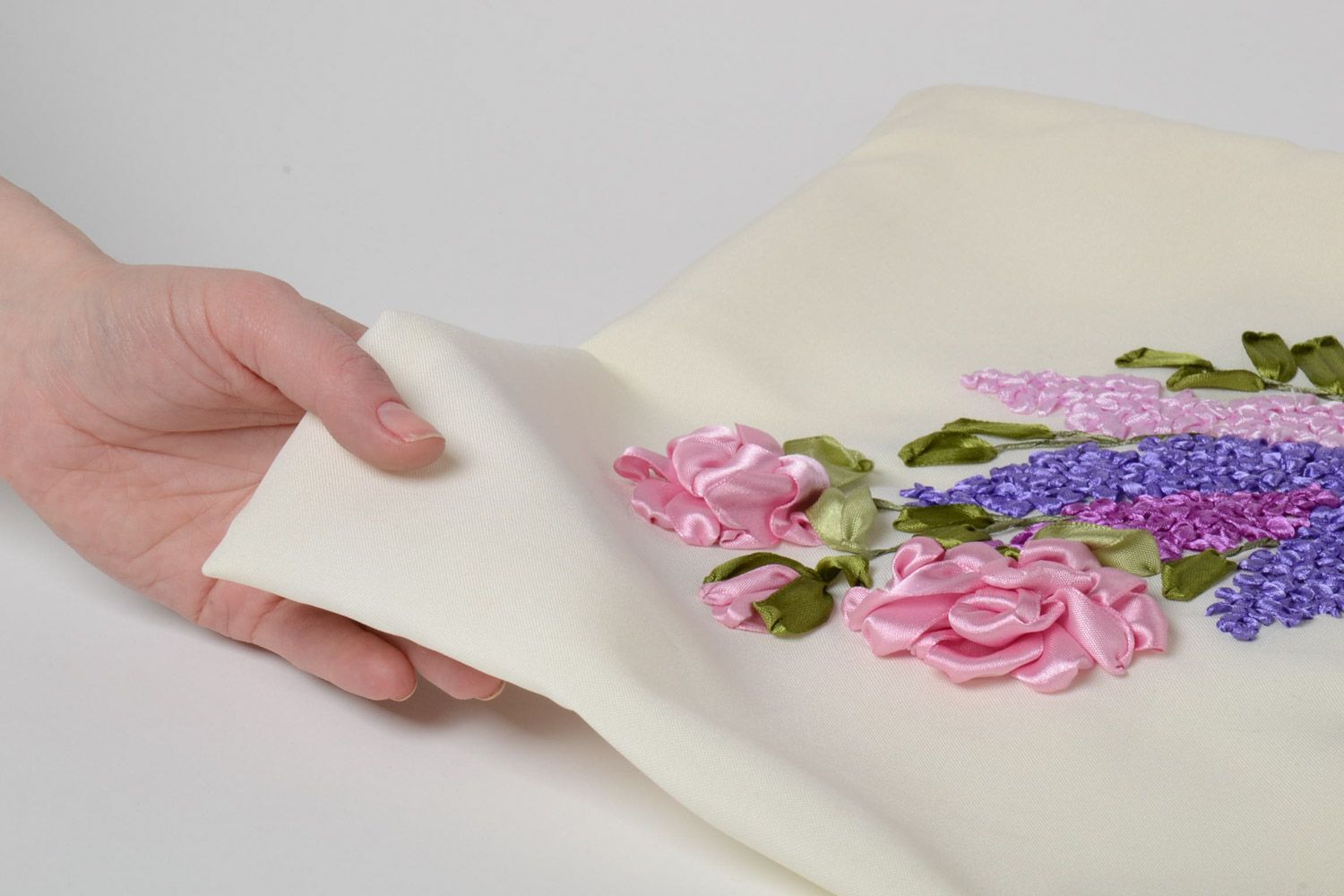 White handmade pillow case embroidered with volume satin ribbon flowers photo 4