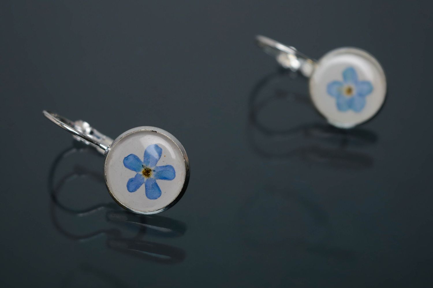 Earrings with natural forget-me-not flowers coated with epoxy resin photo 2