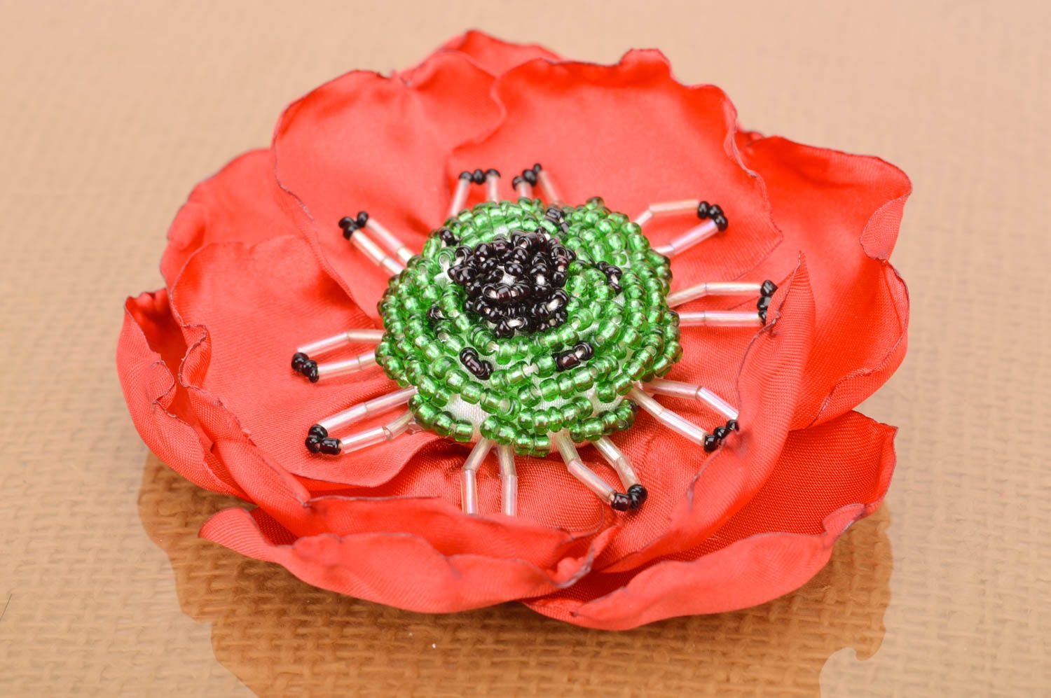 Handmade hair clip brooch with fabric flower embroidered with beads red poppy photo 5