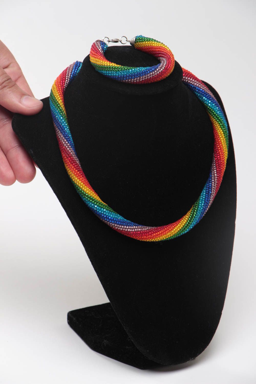 Parure collier et bracelet en perles de rocaille multicolores faits main photo 5