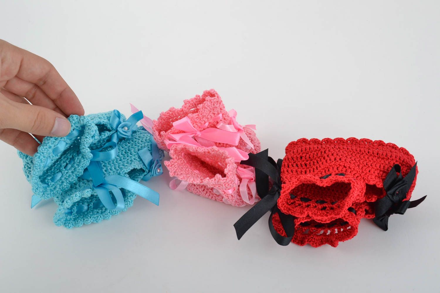 Set of handmade colorful crochet cotton baby booties 3 pairs photo 5