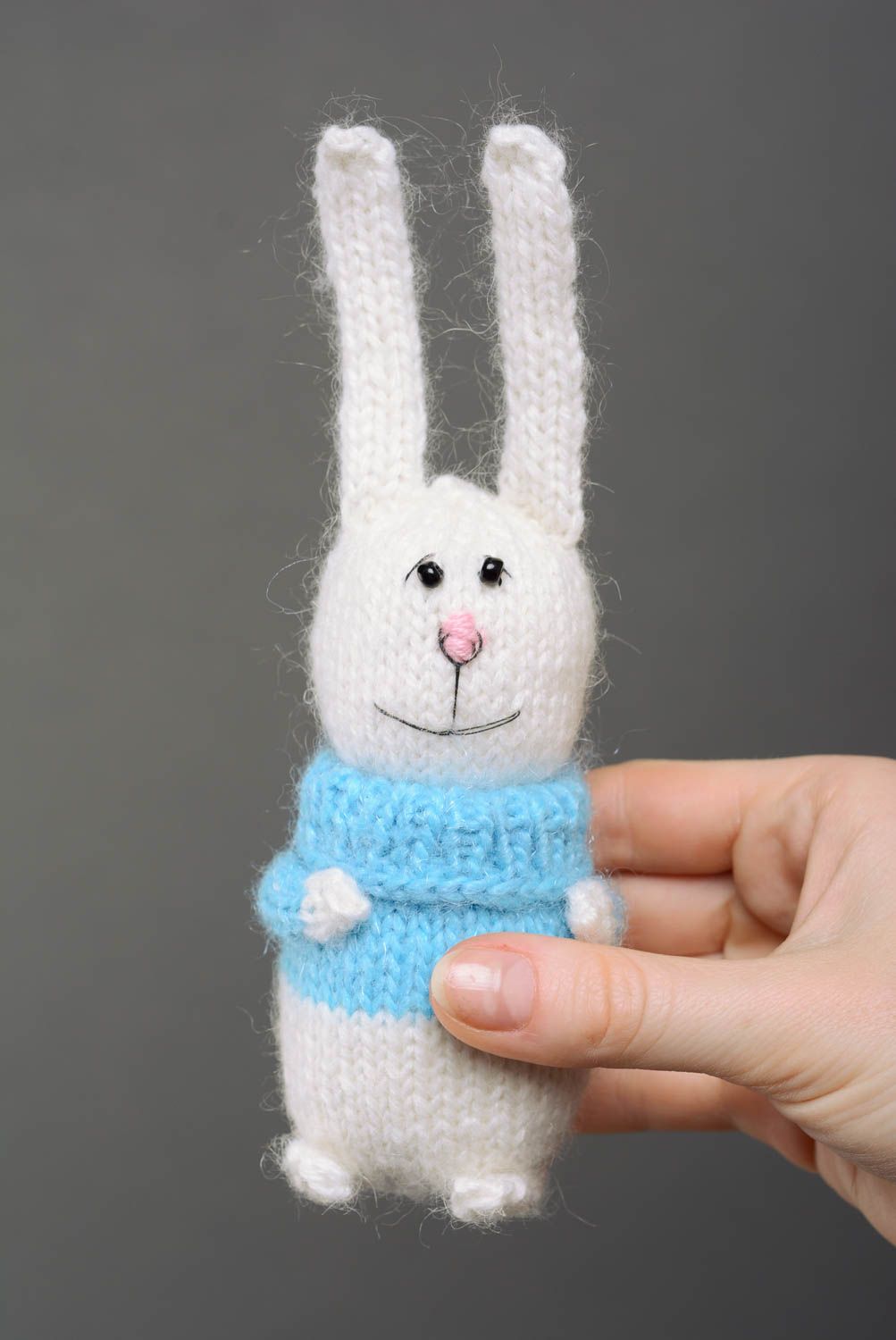 Handmade designer acrylic and wool knitted soft toy hare for children photo 5