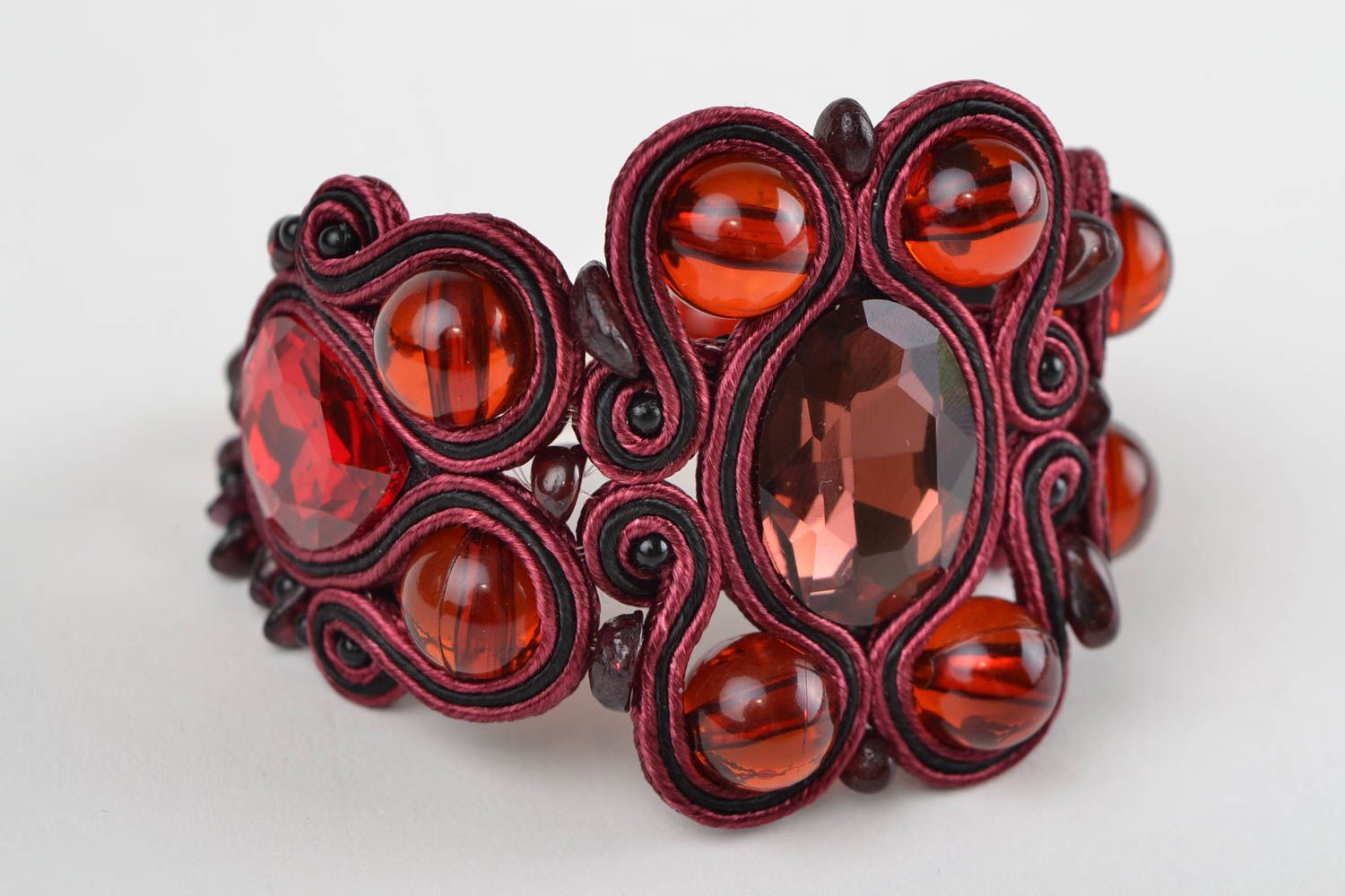 Beautiful dark red handmade soutache bracelet with natural stones photo 3
