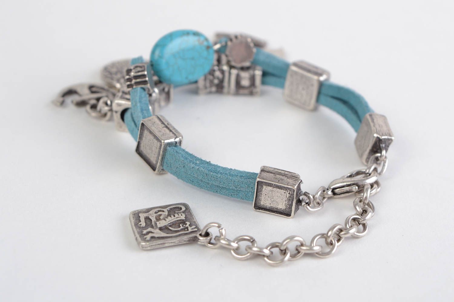 Handmade leather cord wrist bracelet with metal charms and turquoise for women photo 3