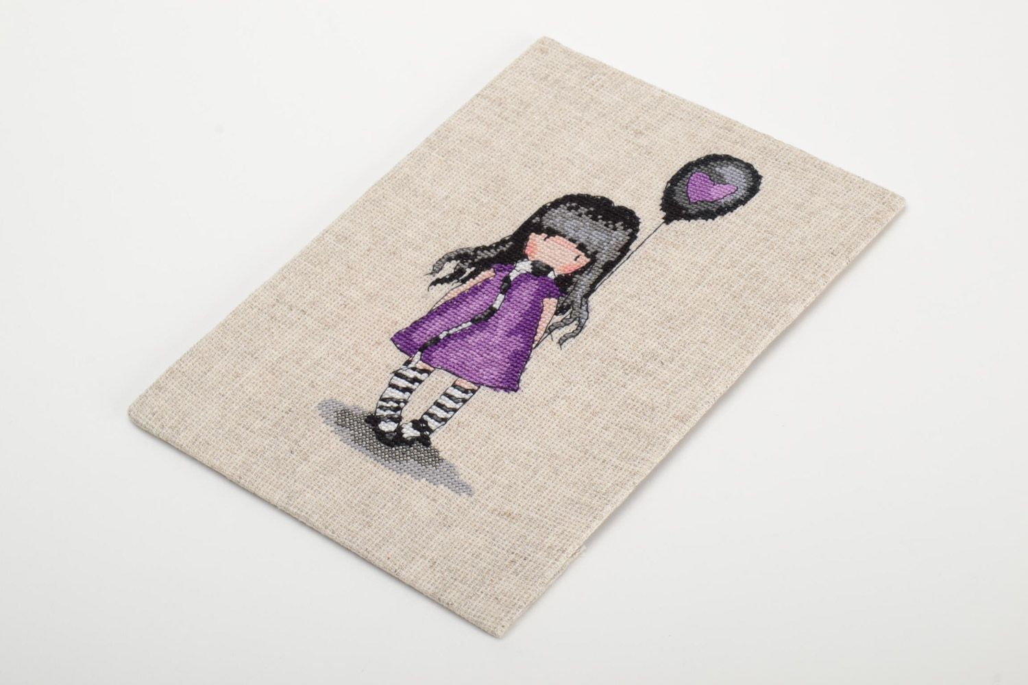 Handmade small embroidered wall picture Girl in violet dress with balloon photo 2