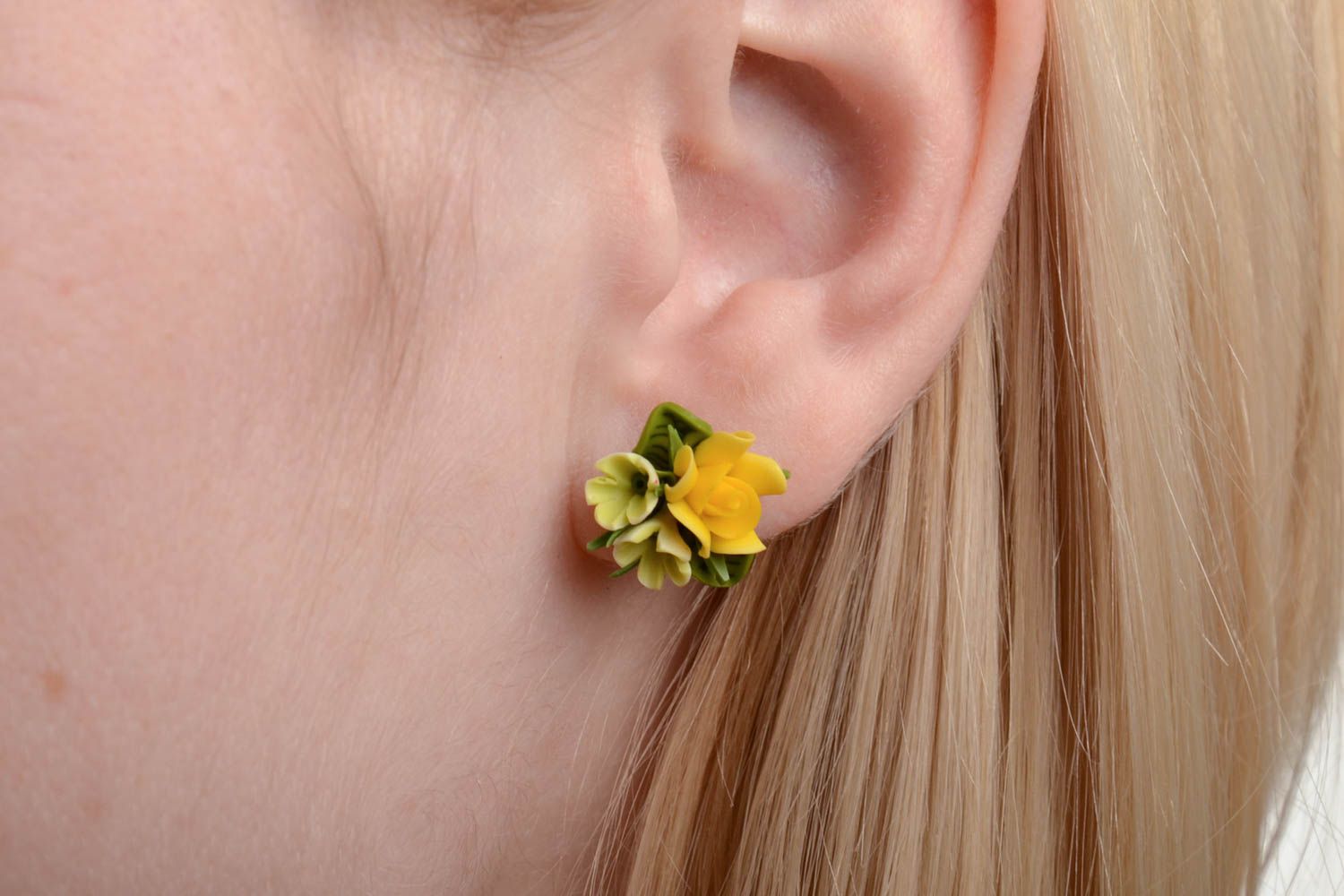 Handmade designer small stud earrings with tiny yellow polymer clay flowers  photo 1