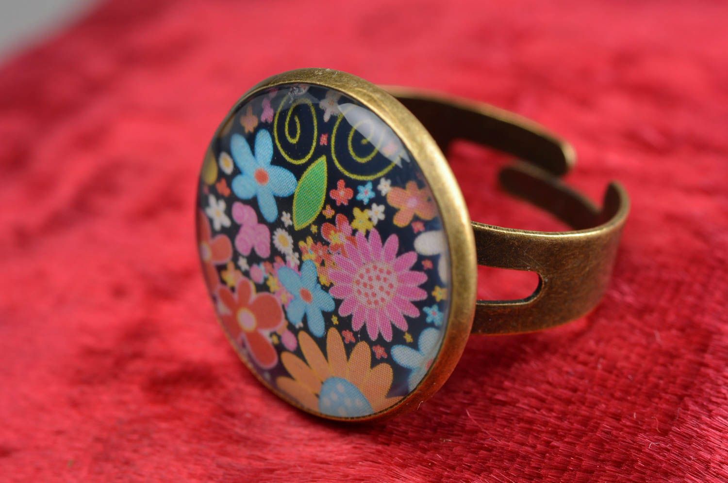 Bright decoupage handmade designer ring of adjustable size with print  photo 1
