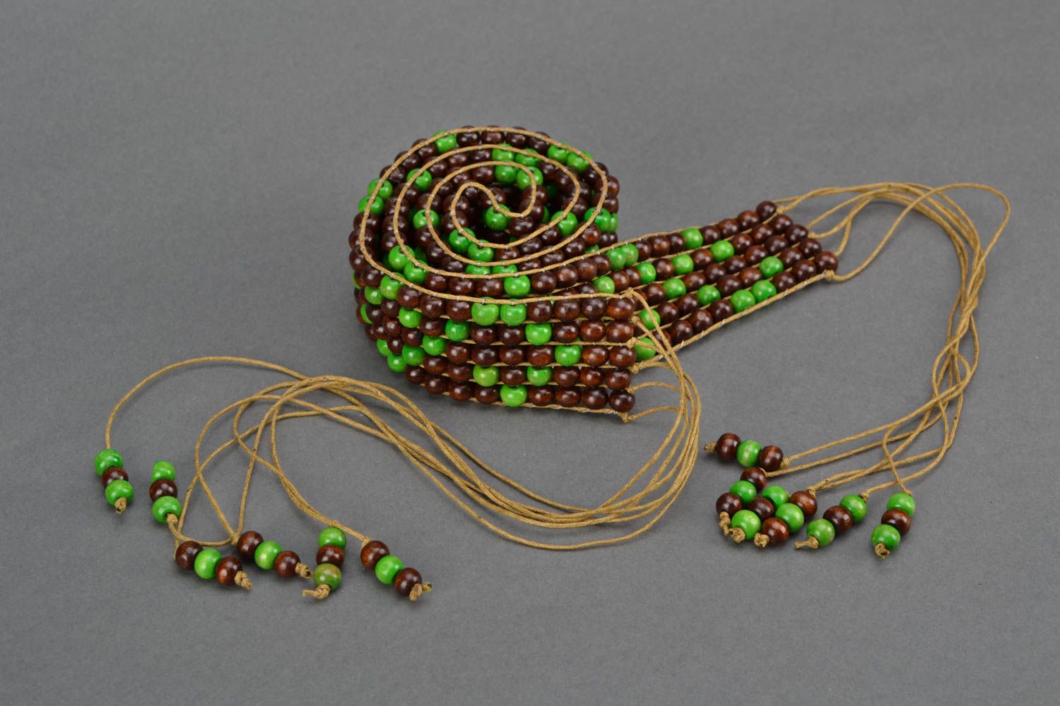 Woven wood bead belt with ties photo 4