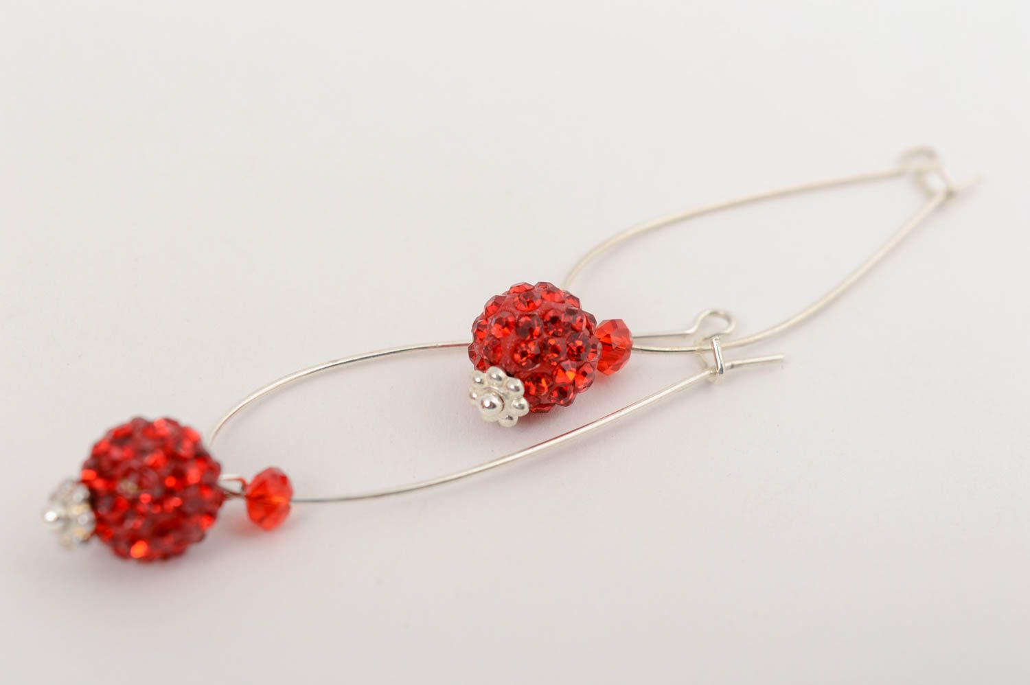 Handmade exquisite long dangle earrings with metal basis and red crystal beads photo 5