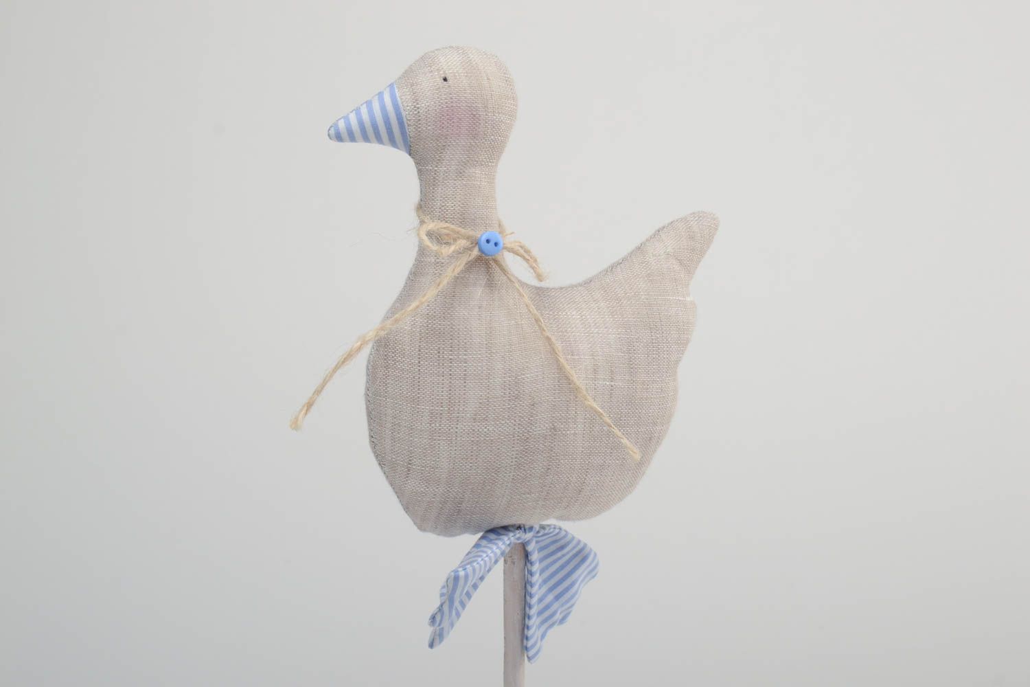 Handmade fabric soft figurine of bird on wooden stand for interior decoration photo 3