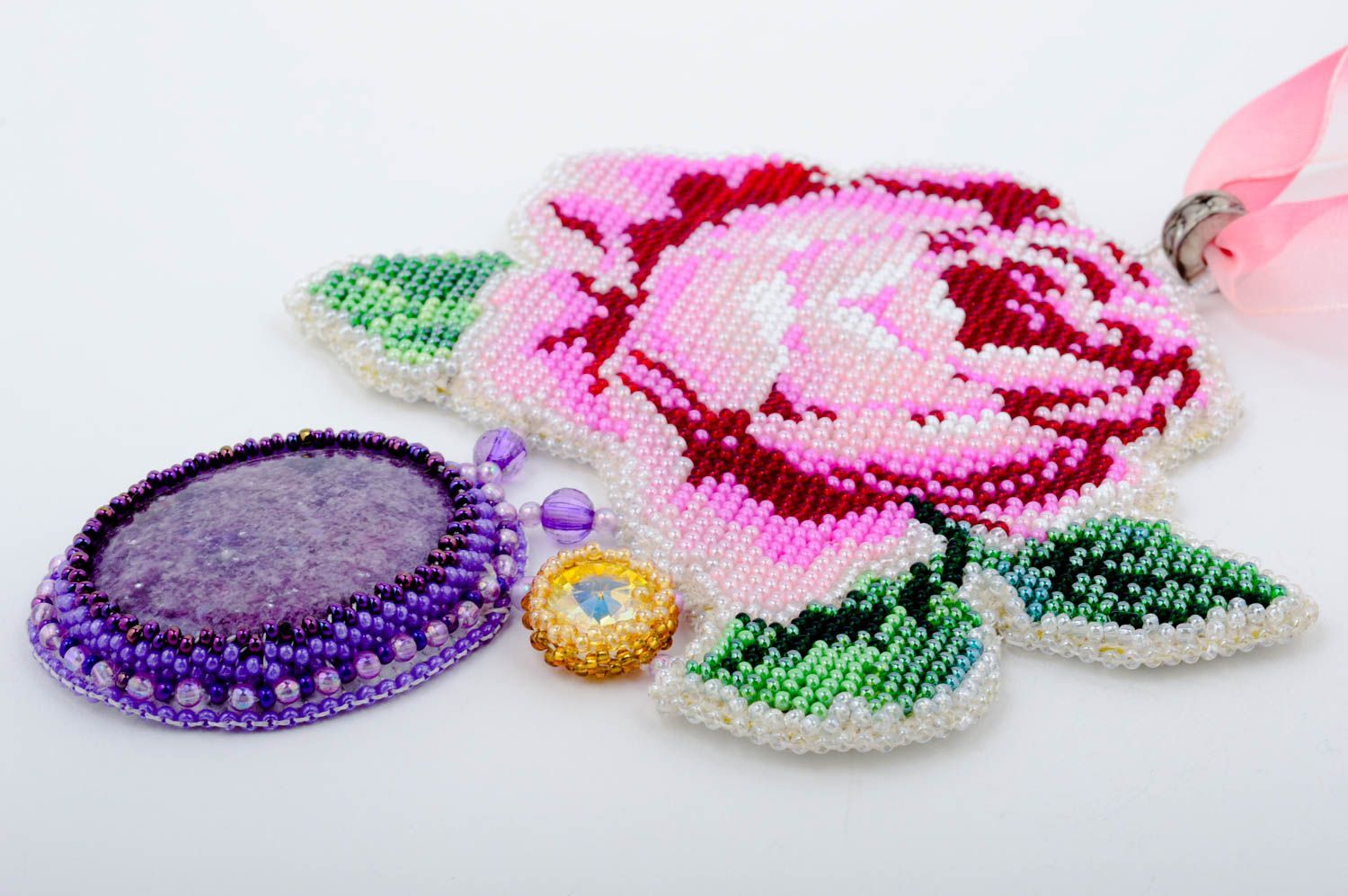 Handmade Damen Collier Glasperlen Schmuck massiv Geschenk für Frauen Rose foto 4