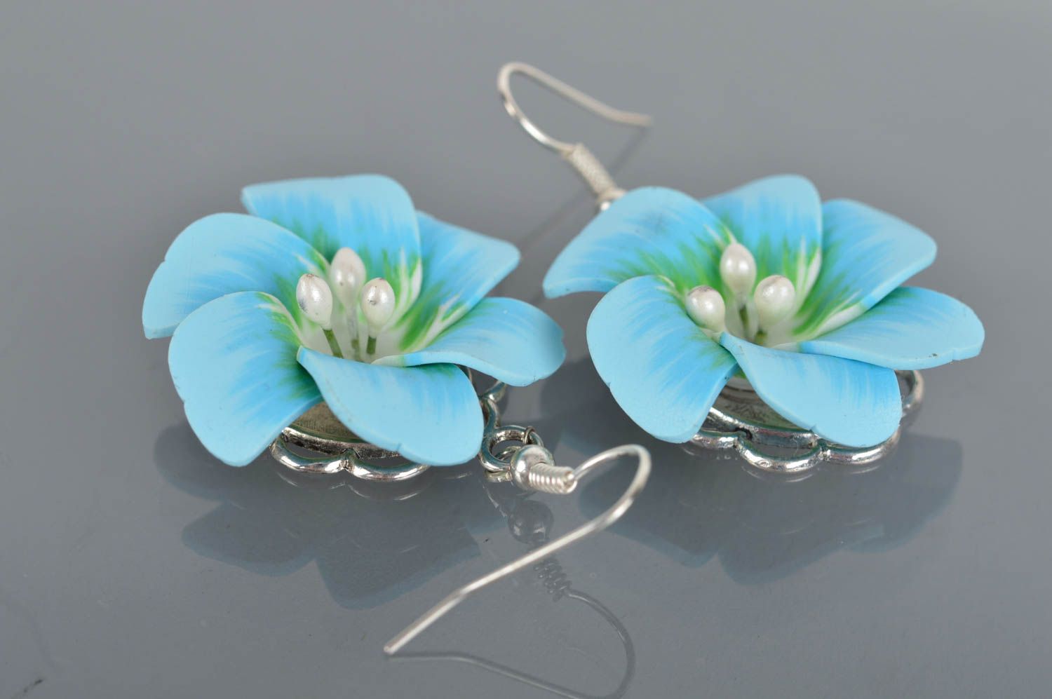 Beautiful homemade designer polymer clay flower earrings of gentle blue color photo 4