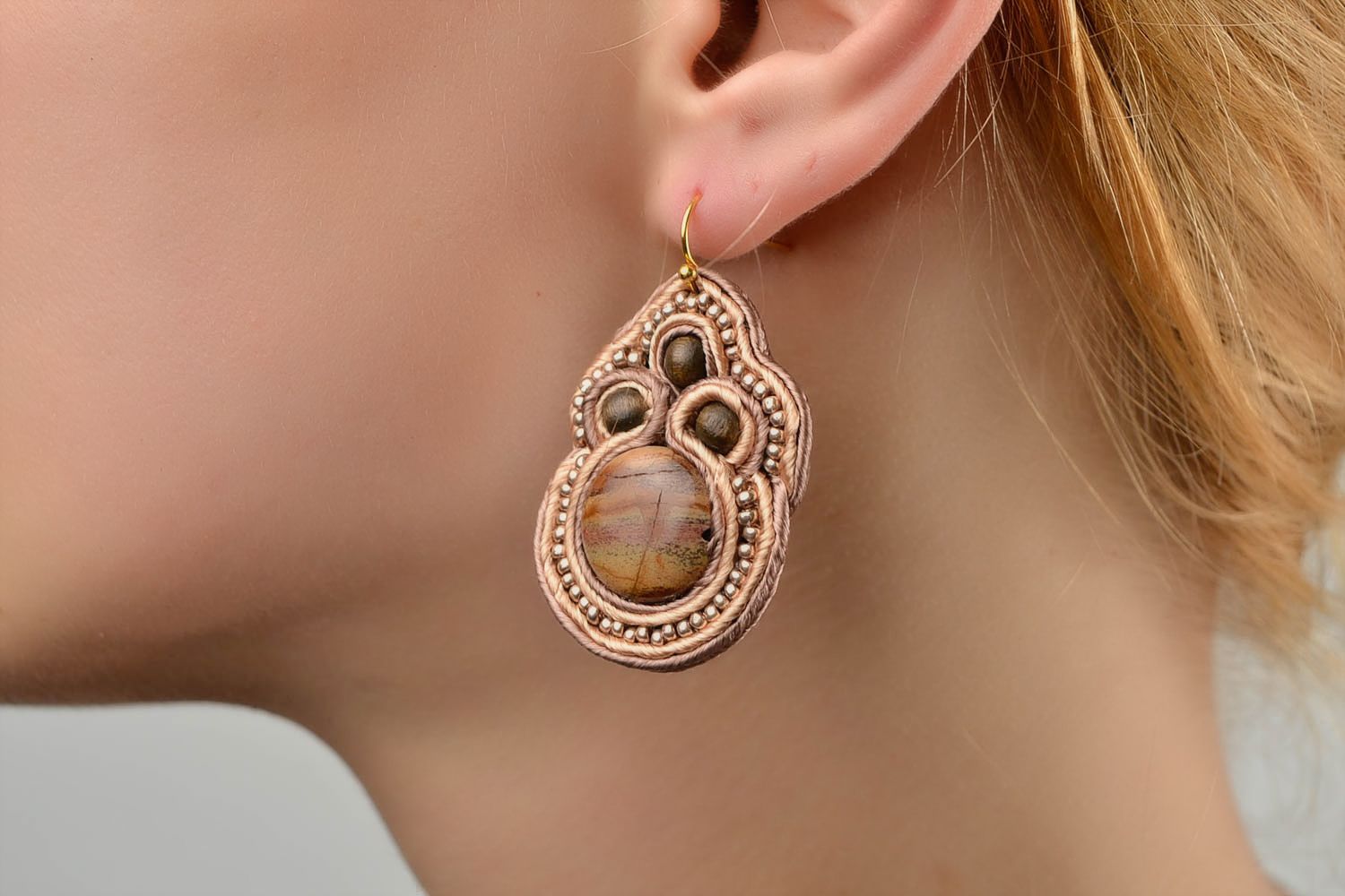 Handmade soutache earrings with natural stone unique designer bijouterie present photo 2