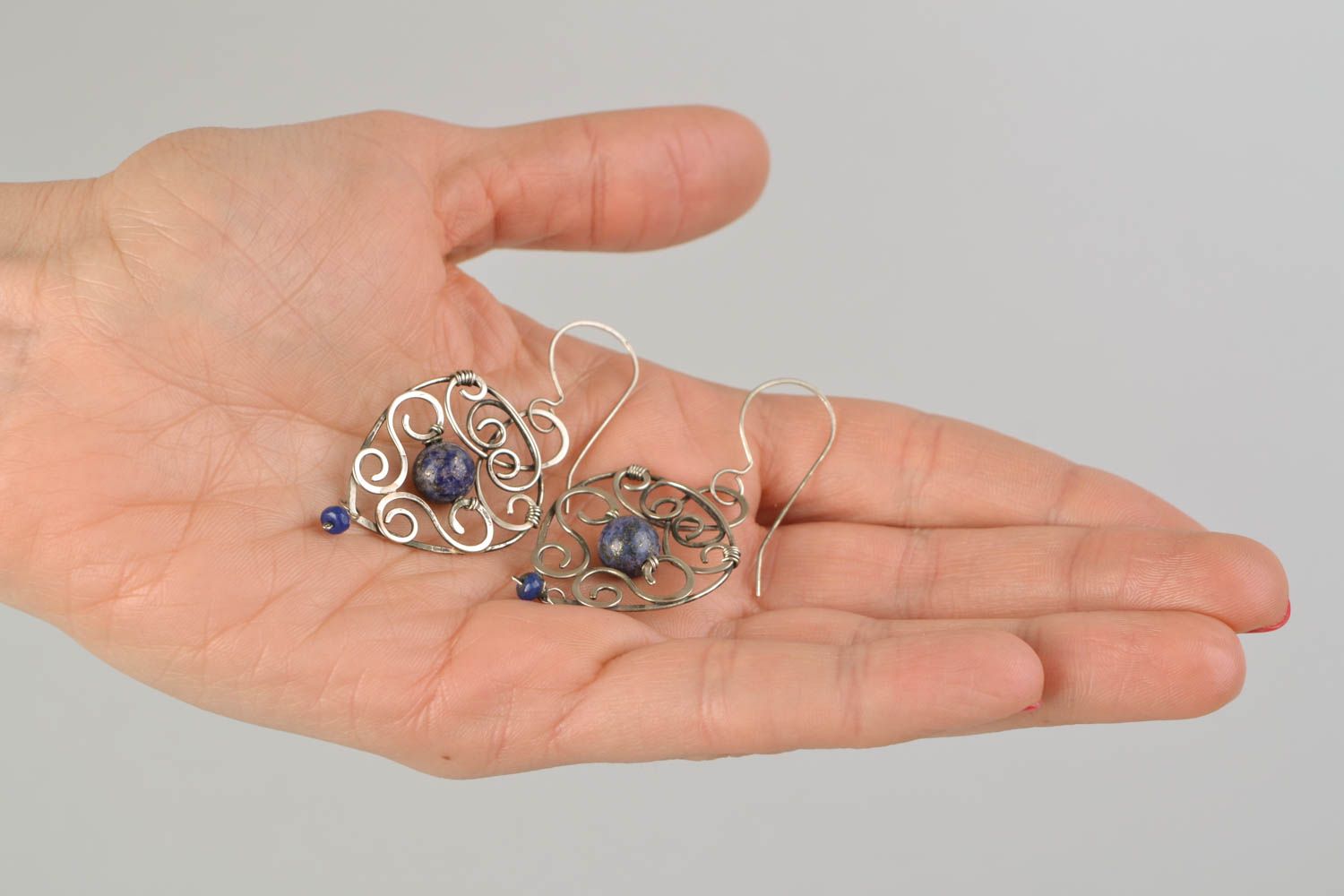 Nickel-silver earrings with lazuli and quartz  photo 2