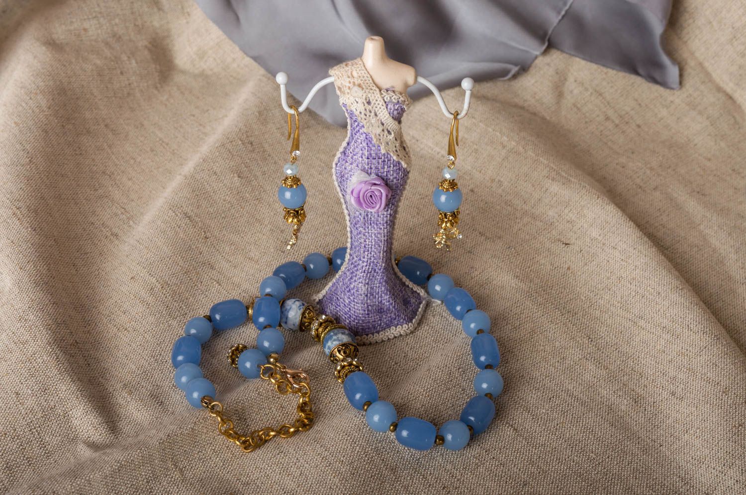 Handmade blue set of jewelry with natural stones 2 pieces earrings and necklace photo 1