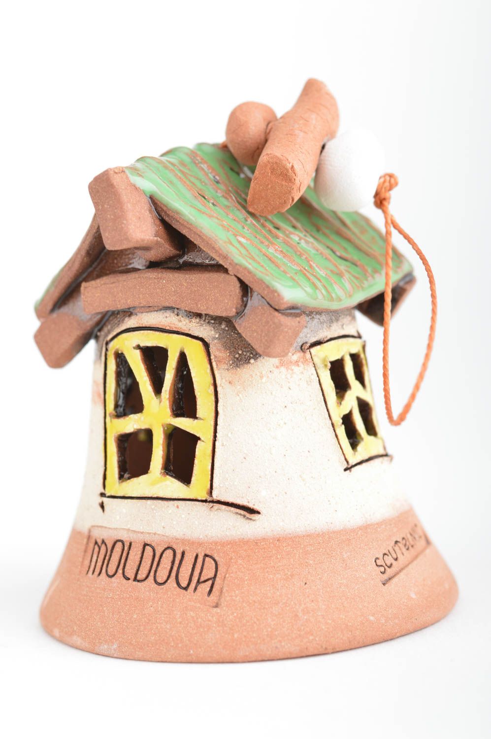 Авторский керамический колокольчик в виде домика разноцветный ручная работа фото 2
