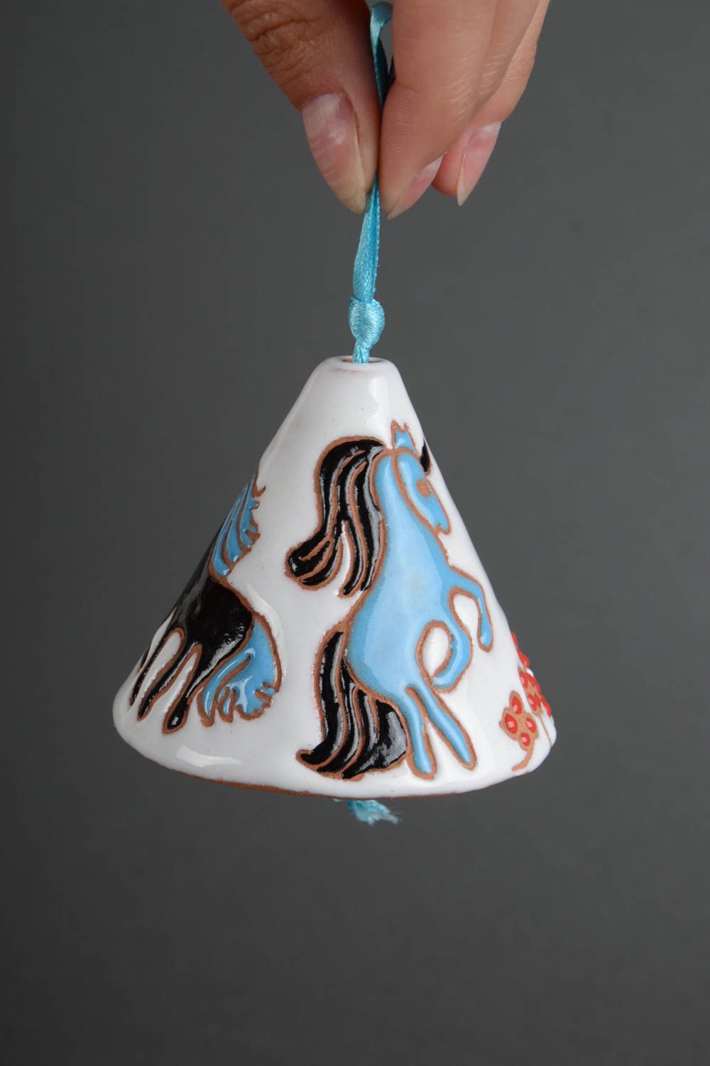 Handmade decorative hanging ceramic bell coated with glaze and enamel Horse photo 5