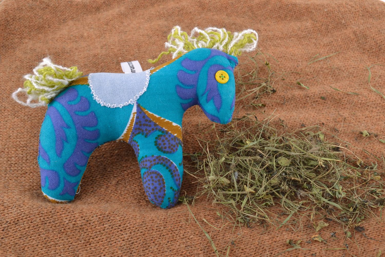 Small handmade designer fabric soft toy sewn of colorful fabric blue horse photo 1