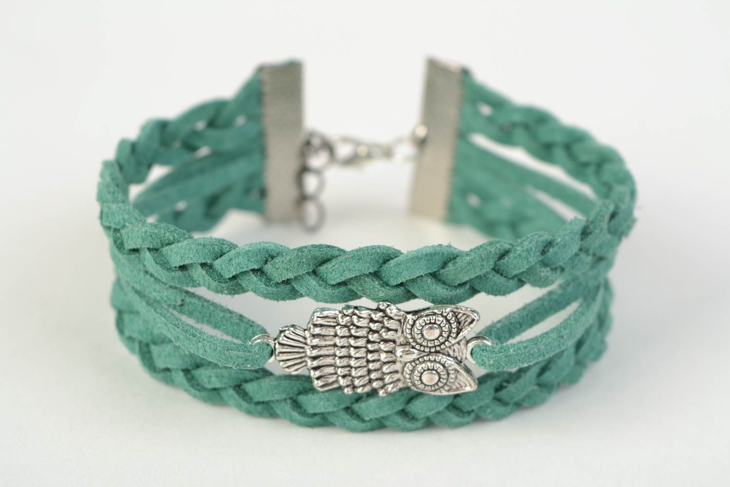 Green handmade woven suede cord bracelet with charm in the shape of owl photo 3