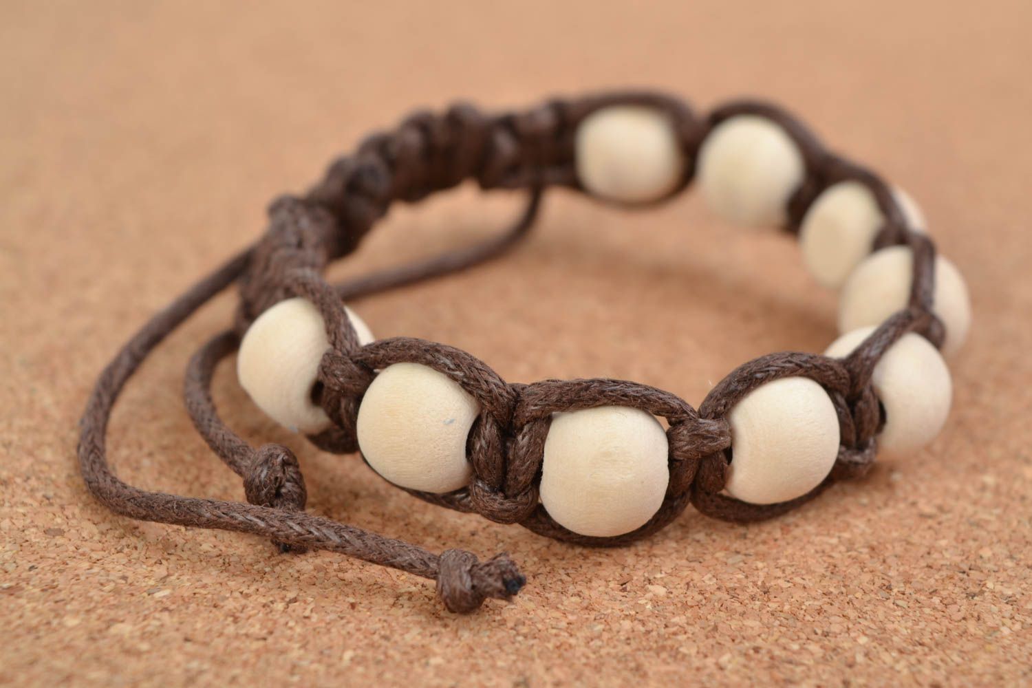 White and brown handmade woven cotton cord bracelet with beads photo 1