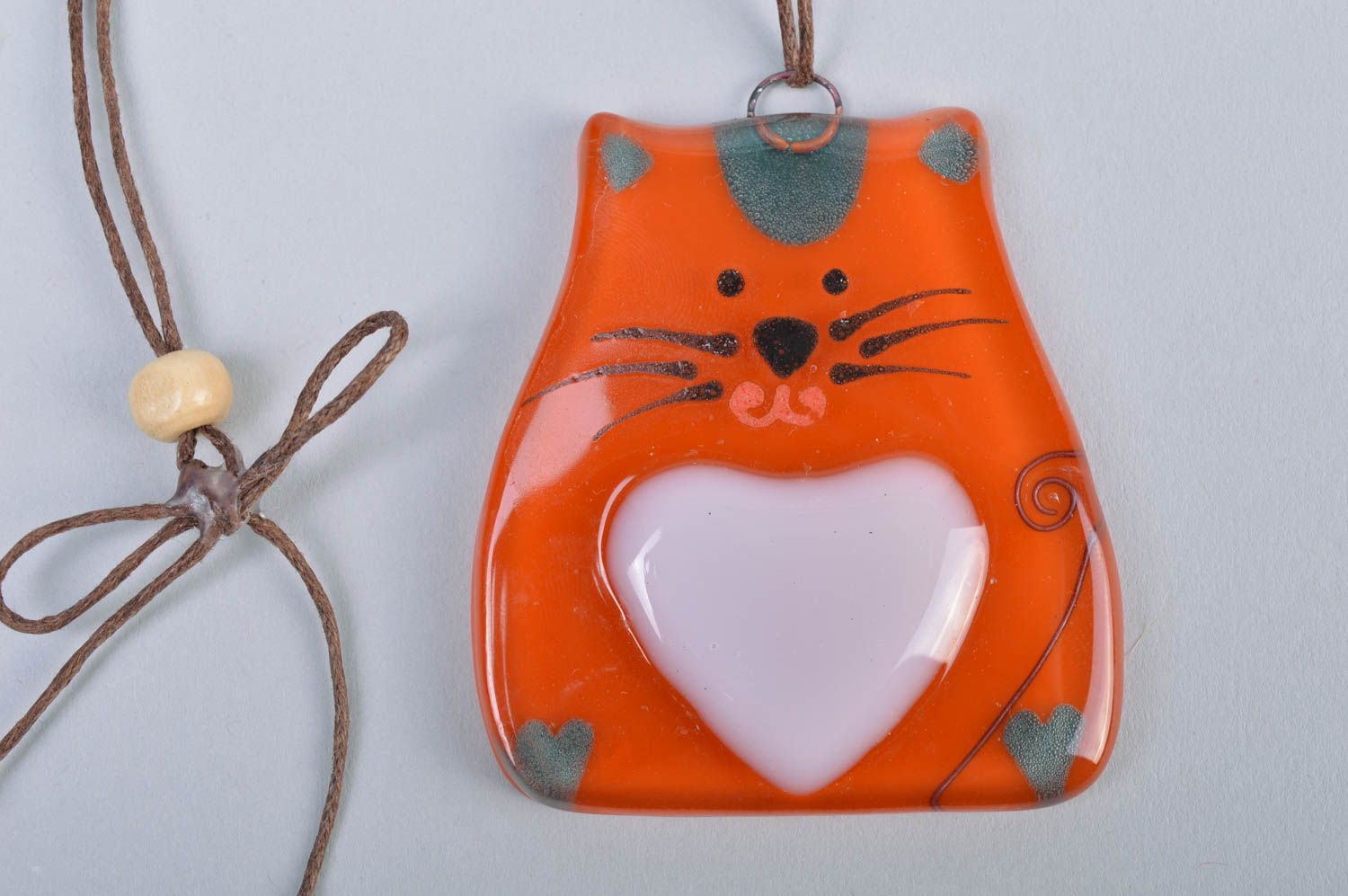 Handmade designer fused glass decorative wall hanging small orange cat photo 4