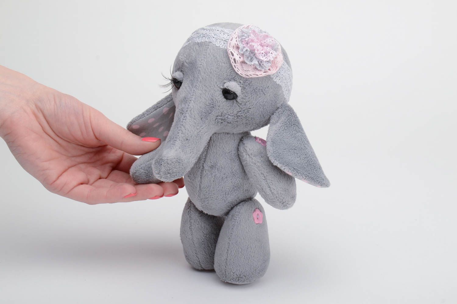 Handmade small cotton fabric soft toy cute gray elephant with lacy headband photo 5