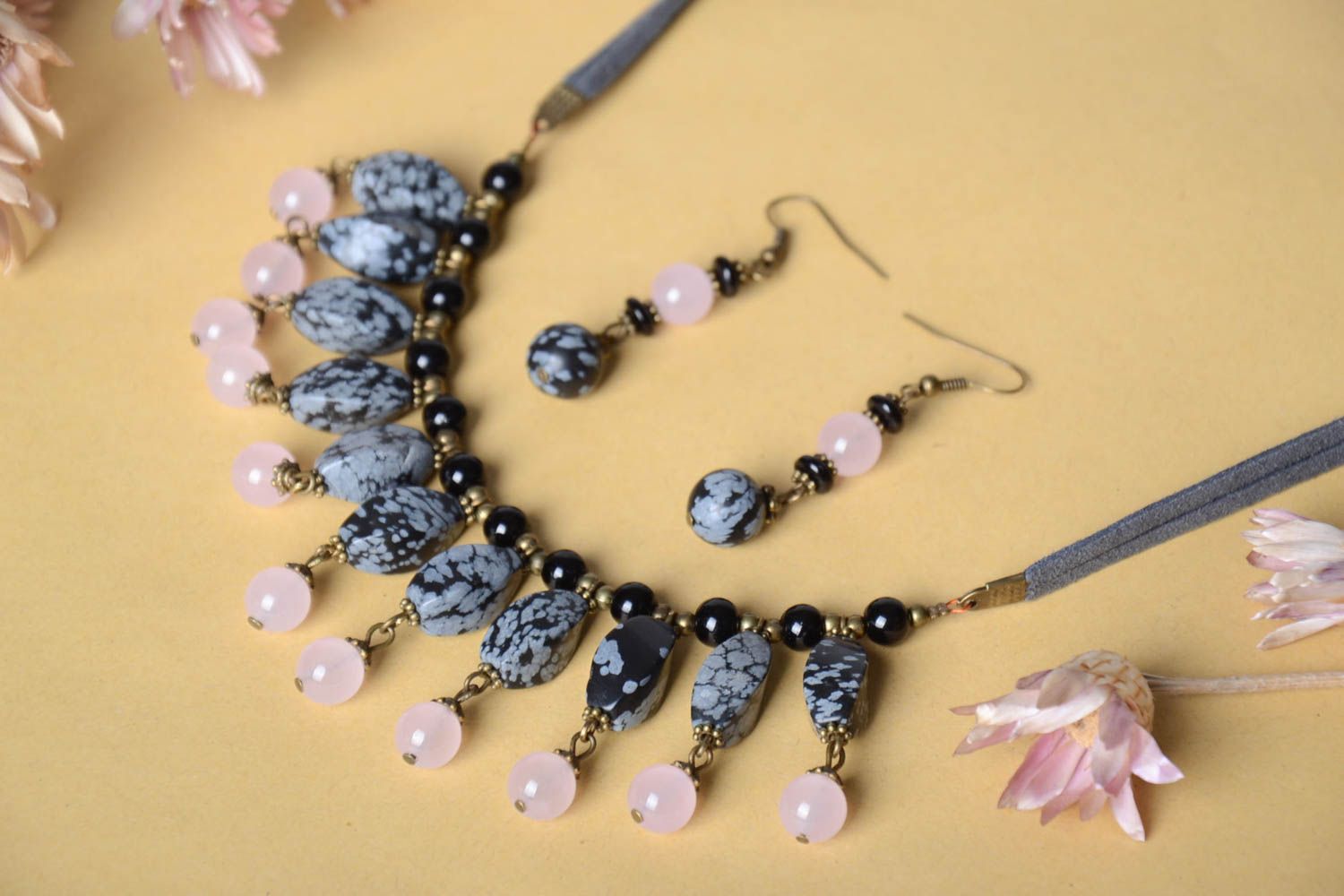 Handmade designer earrings stylish elegant necklace natural stone jewelry set photo 1