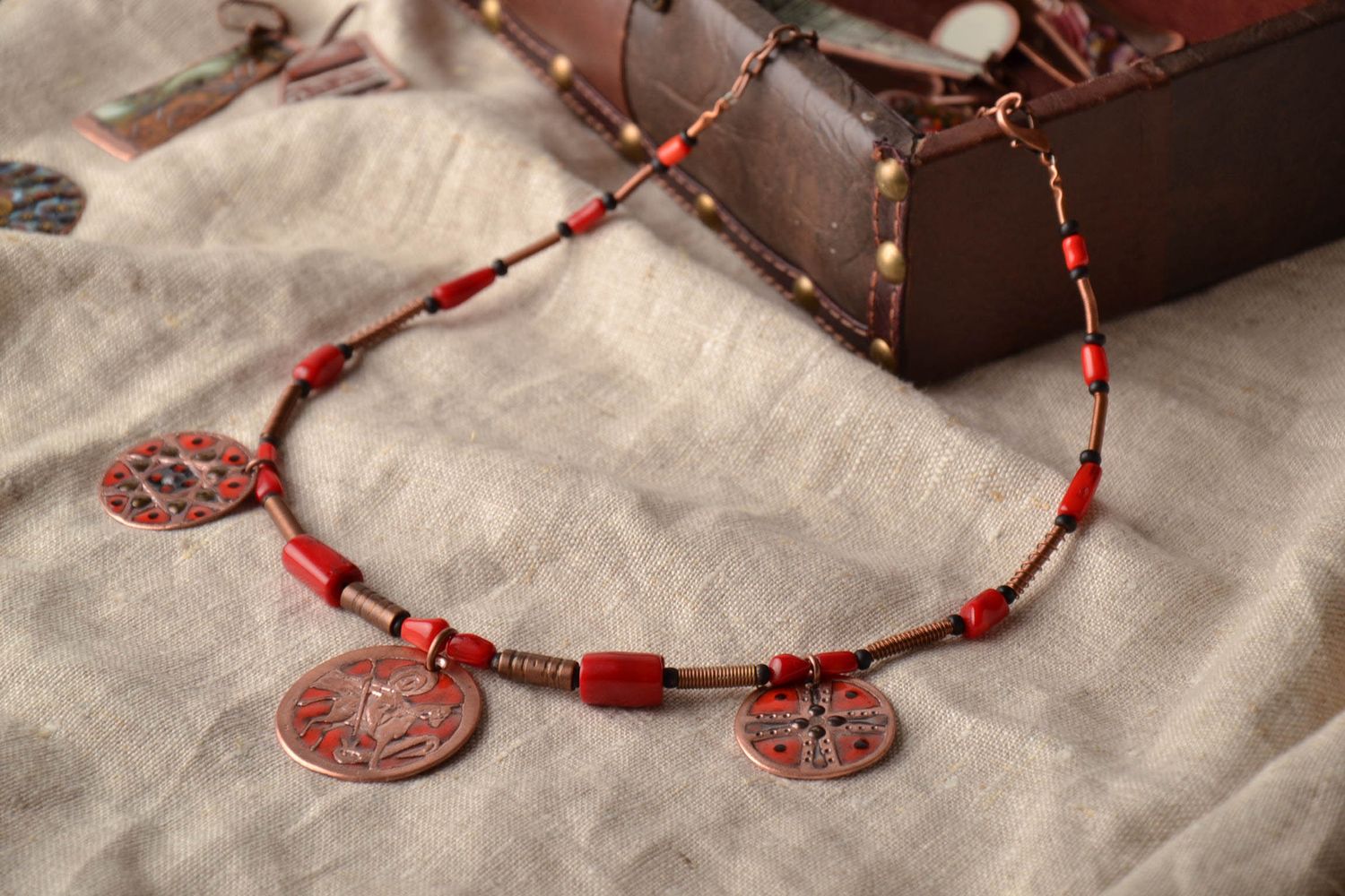 Copper necklace with coins painted with enamels photo 1