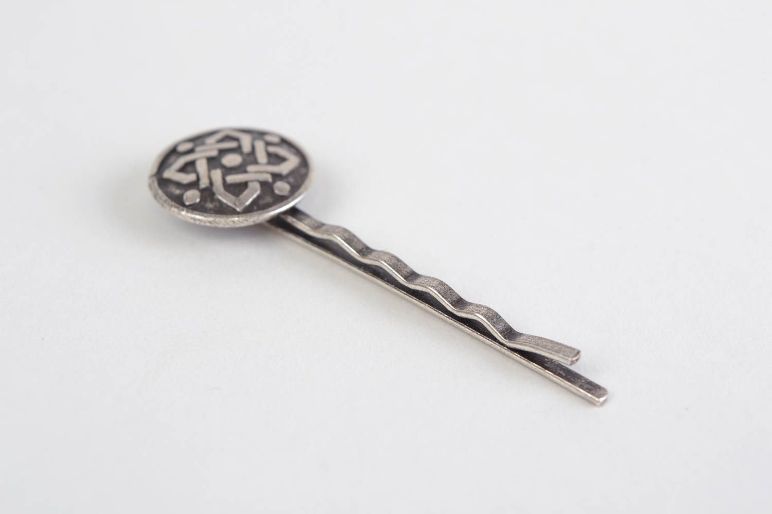 Beautiful homemade metal bobby pin with round decor element photo 4