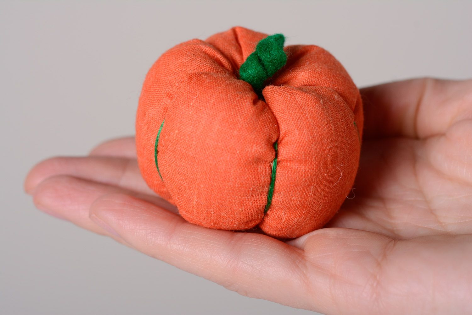 Handmade small soft toy sewn of linen in the shape of pumpkin for interior decor photo 2