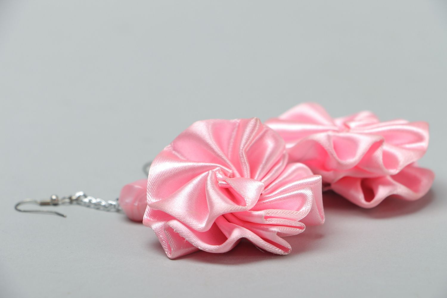 Tender pink floral earrings made of satin photo 2
