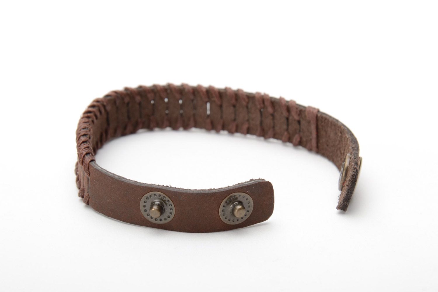 Handmade laconic brown genuine leather bracelet with metal rivets unisex photo 4
