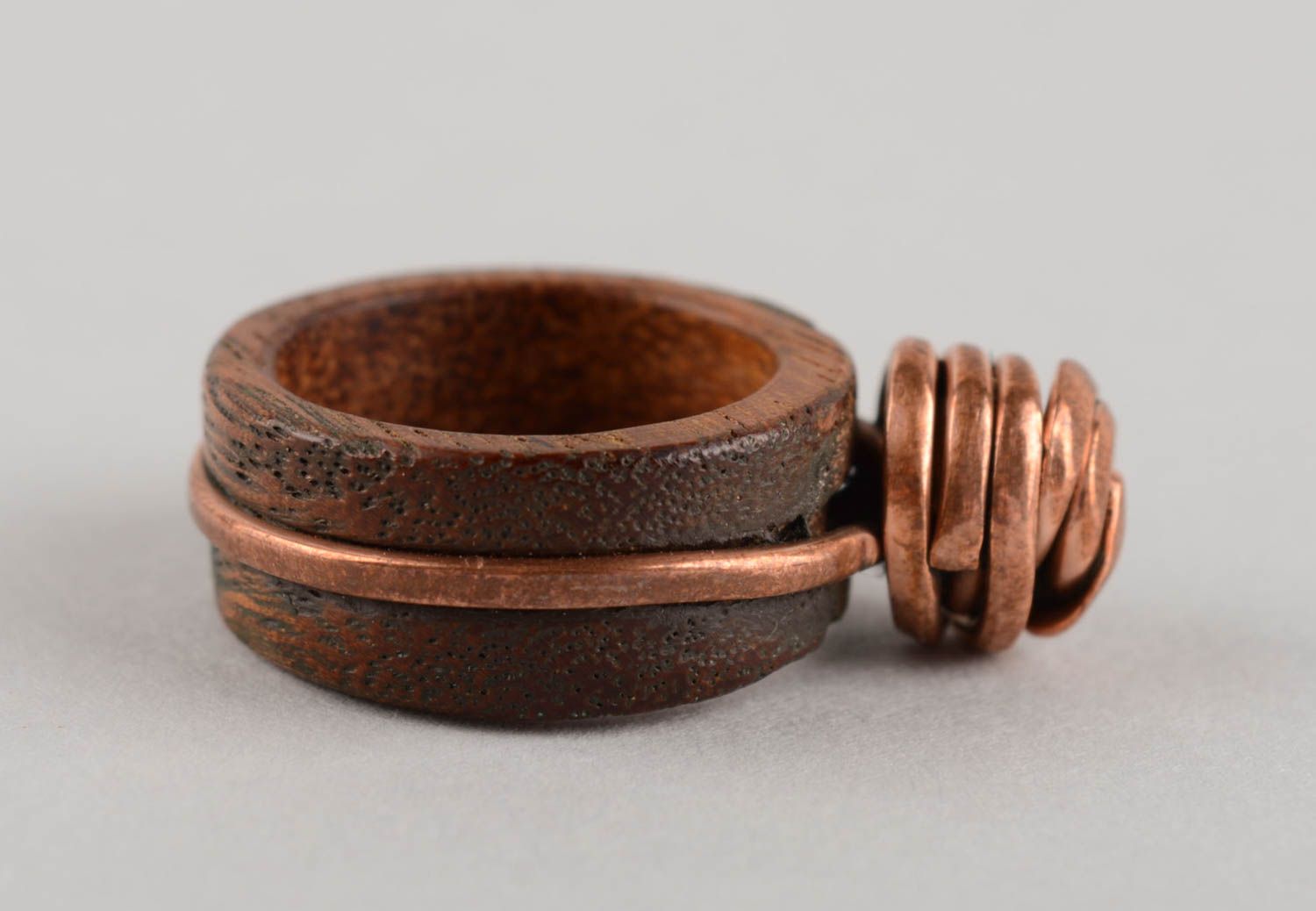 Extravagant cute jewelry handmade ring made of copper and wood for women photo 5