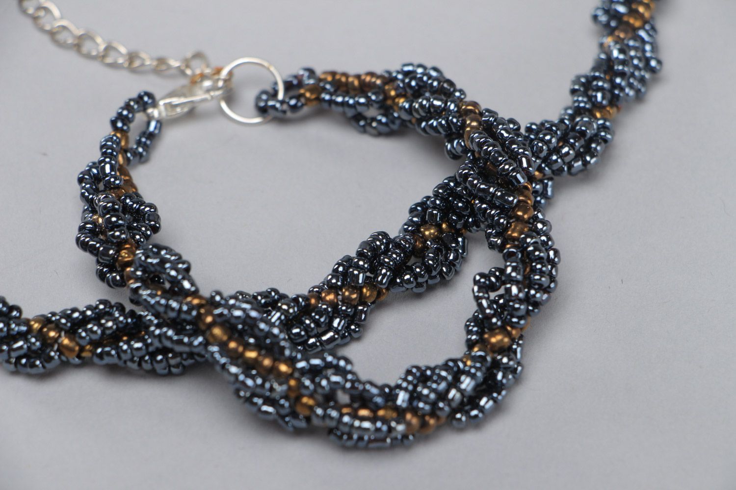Handmade designer evening beaded jewelry set necklace and bracelet of gray color photo 4