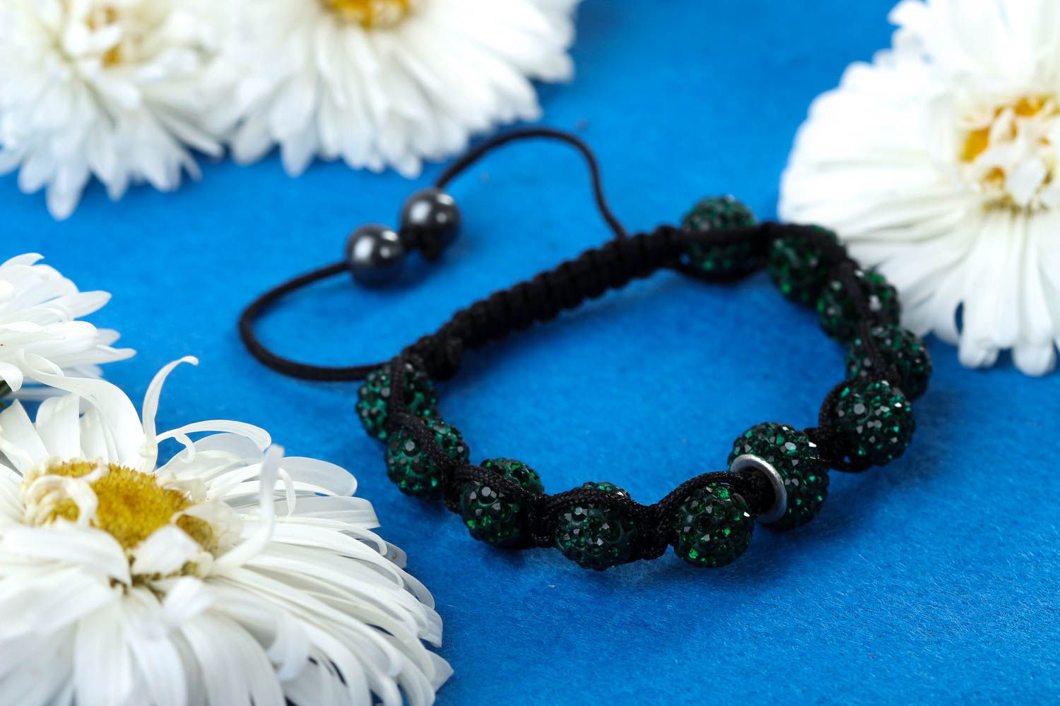 Dark green bead bracelet with strand black cord photo 1