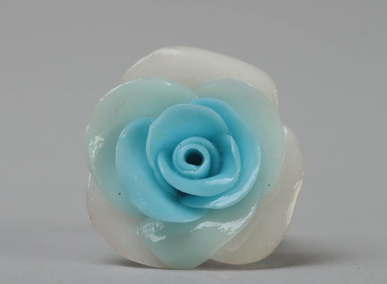 Handmade designer blue jewelry ring with metal basis and polymer clay flower photo 2