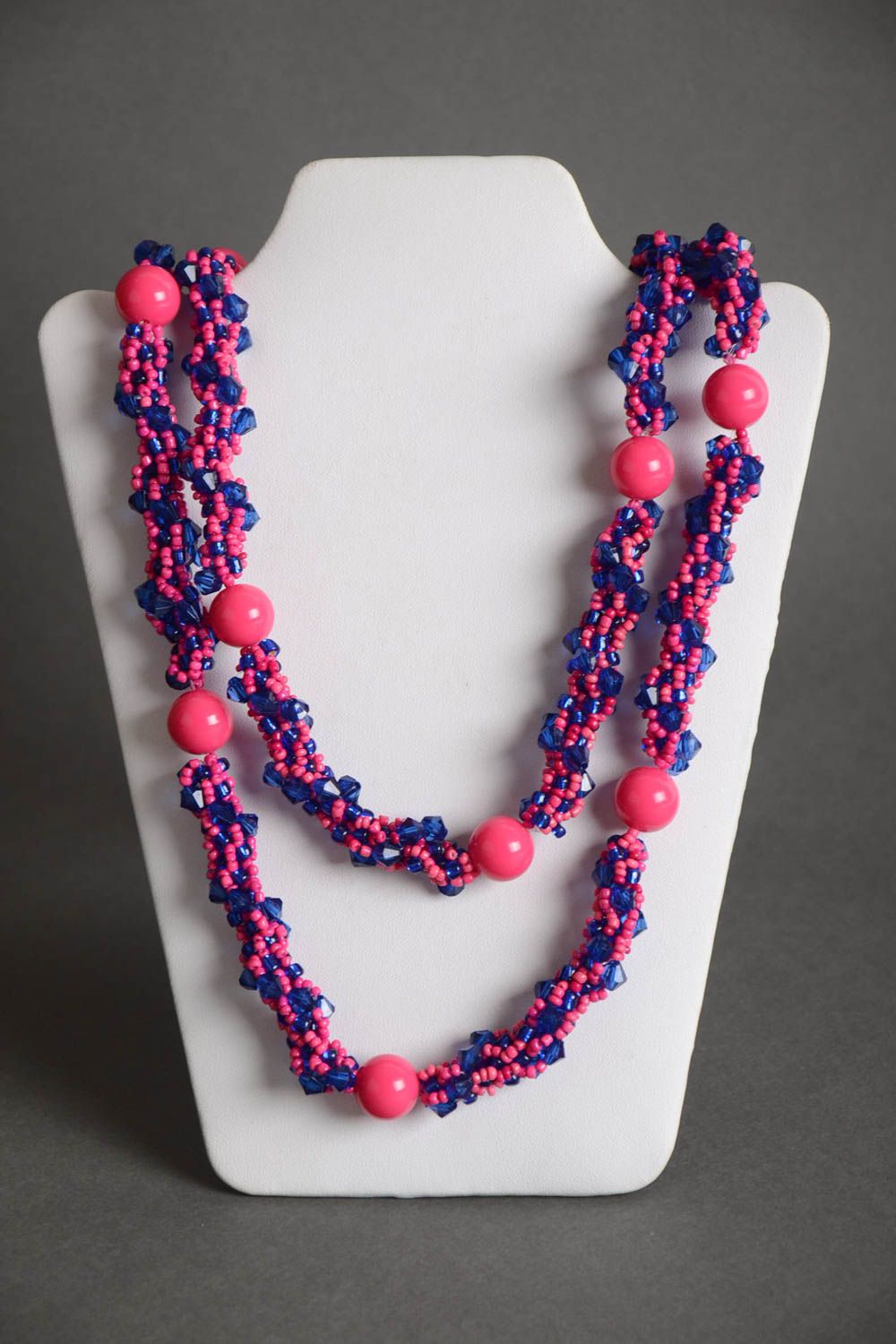 Handmade designer women's necklace crocheted of bright pink and blue Czech beads photo 2